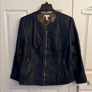 Charter Club Dark Blue Faux Leather Jacket with Leopard Lining